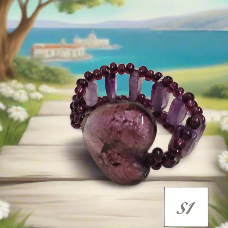cuore veneziano viola e grigio shop anelli fatti a mano bigiotteria di perline perle pietre intrecciati bijoux  con filo e basi cristalli Swarovski componenti di murano