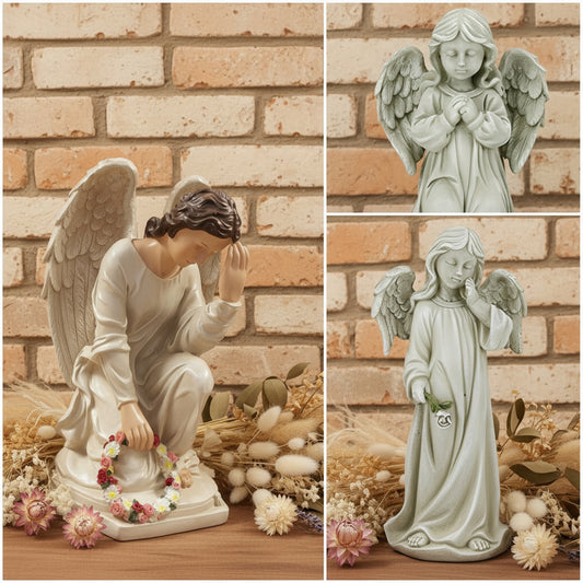 grande statua angelo bianco in preghiera, seduto, con rosa per composizioni fiori Natale ad uso decorazioni all'esterno in giardino arte funeraria cimitero lapidi tombe cappelle
