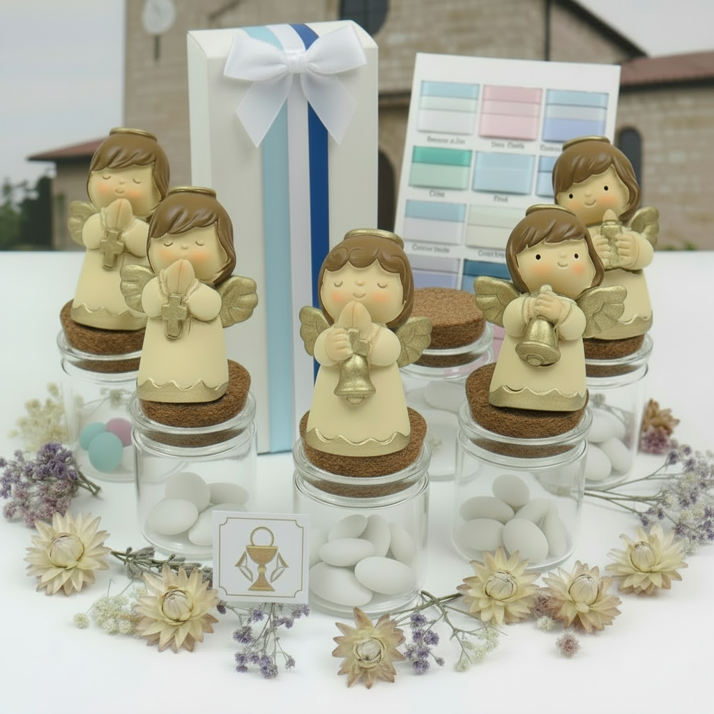 azzurro bianco blu e campionario nastrini pastello per packaging angeli vasetti barattoli con angioletti crema su portaconfetti bomboniere segnaposto da confezionare per Cresima Comunione Battesimo nascita