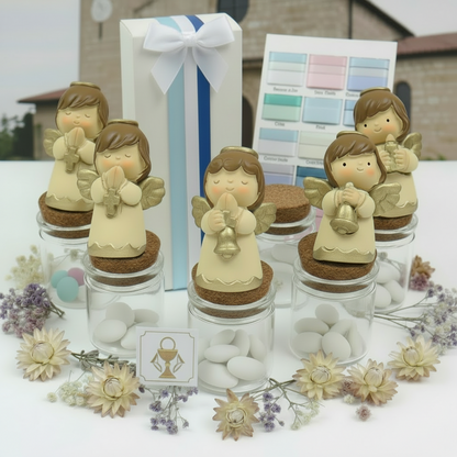 azzurro bianco blu e campionario nastrini pastello per packaging angeli vasetti barattoli con angioletti crema su portaconfetti bomboniere segnaposto da confezionare per Cresima Comunione Battesimo nascita