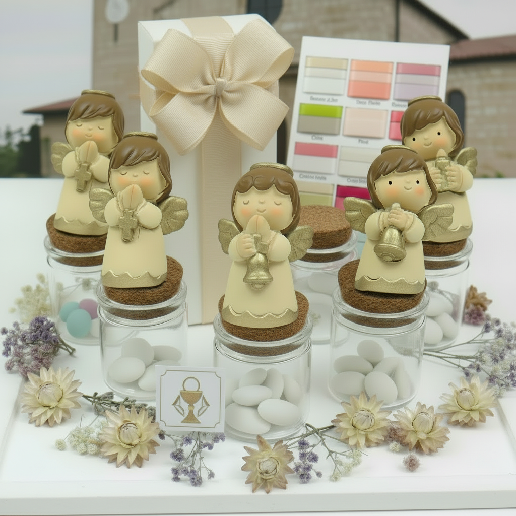 beige chiaro crema avorio packaging scatola di angeli vasetti barattoli con angioletti crema su portaconfetti bomboniere segnaposto da confezionare per Cresima Comunione Battesimo nascita