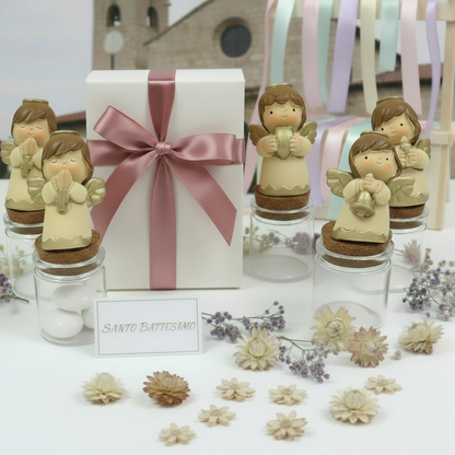 rosa femminuccia bimba angeli vasetti barattoli con angioletti crema su portaconfetti bomboniere segnaposto da confezionare per Cresima Comunione Battesimo nascita