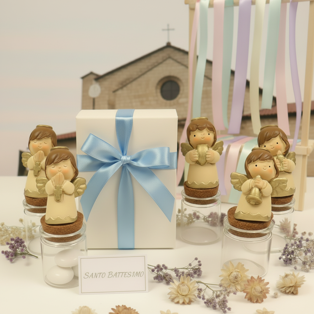 azzurro maschietto bimbo angeli vasetti barattoli con angioletti crema su portaconfetti bomboniere segnaposto da confezionare per Cresima Comunione Battesimo nascita con confetti e bigliettino, nastrini pastello