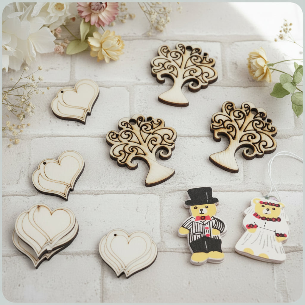 albero della vita doppio cuore coppia sposini piastrine di legno applicazioni scrapbooking ciondoli legnetti decorazioni per bomboniere e confezioni regalo chiudipacco fai da te packaging