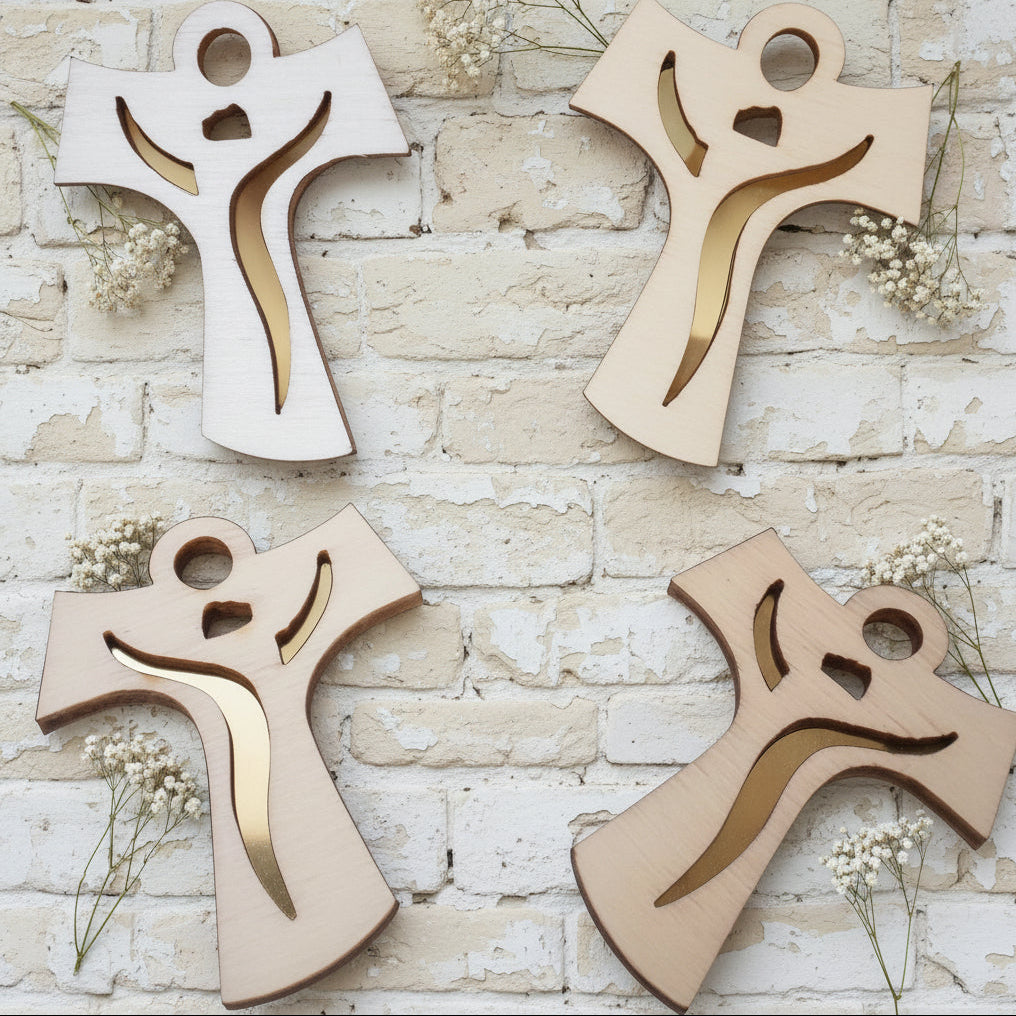 Ciondolo croce tau legno francescana bomboniere comunione cresima articoli religiosi oggetti sacri icone souvenirs ricordini fai da te applicazioni eco-friendly green