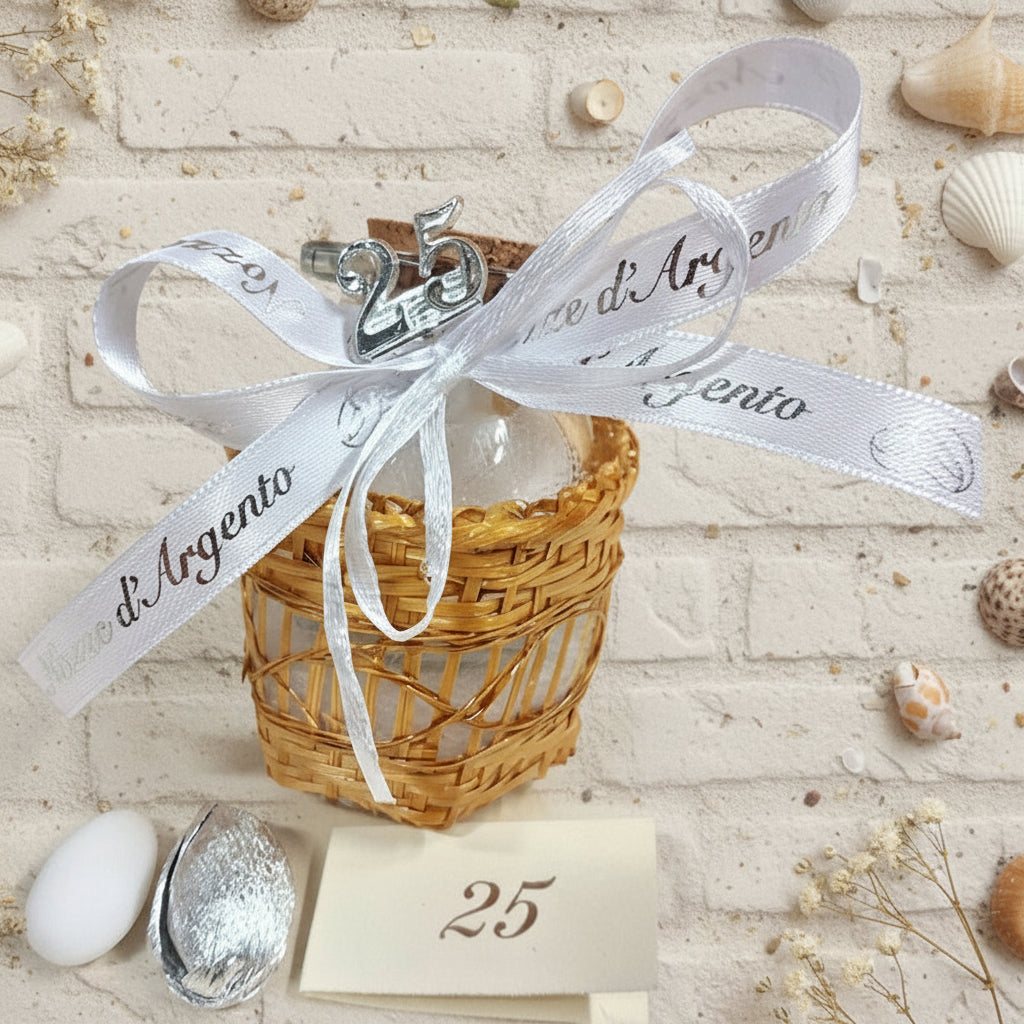 pastello altri nastrini e barattolino vasetto vetro tappo sughero numero 25 di anni matrimonio anniversario nozze argento confezionato confetti bianchi argentati 