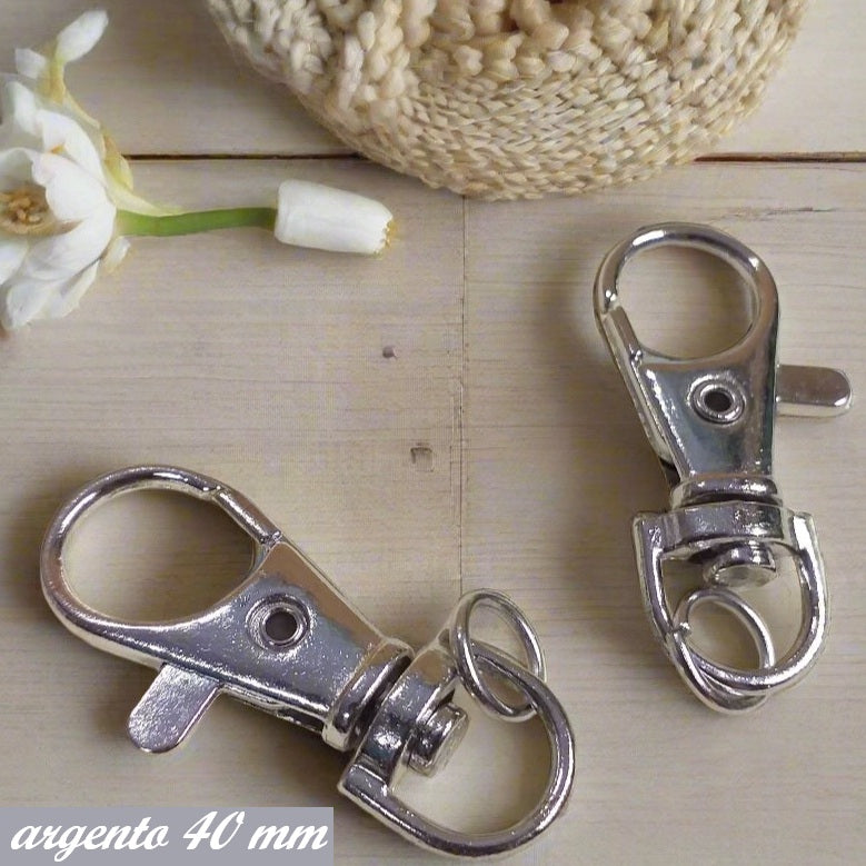 ganci girevoli 40 mm metallo colore argento, chiusure minuterie accessori fai da te borse fatte a mano e uncinetto moschettoni per manici borsette e tracolle