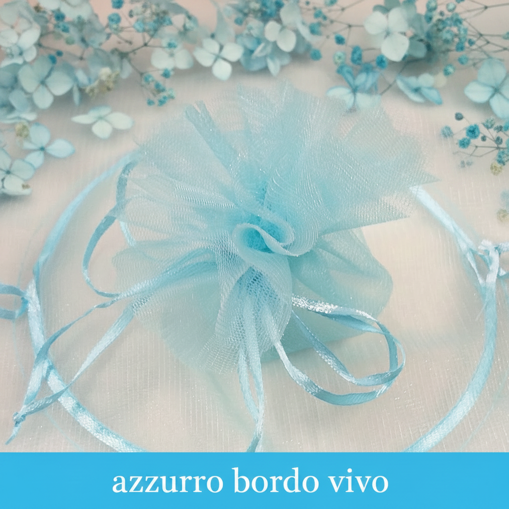 azzurro celeste bambino maschietto sacchetti portaconfetti centrini tulle filè retina Italian bomboniere fai da te doppio velo tirante nastrino uso facile confezione confetti prima comunione battesimo nascita