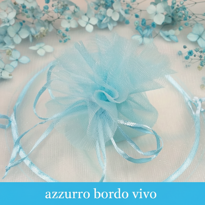 azzurro celeste bambino maschietto sacchetti portaconfetti centrini tulle filè retina Italian bomboniere fai da te doppio velo tirante nastrino uso facile confezione confetti prima comunione battesimo nascita