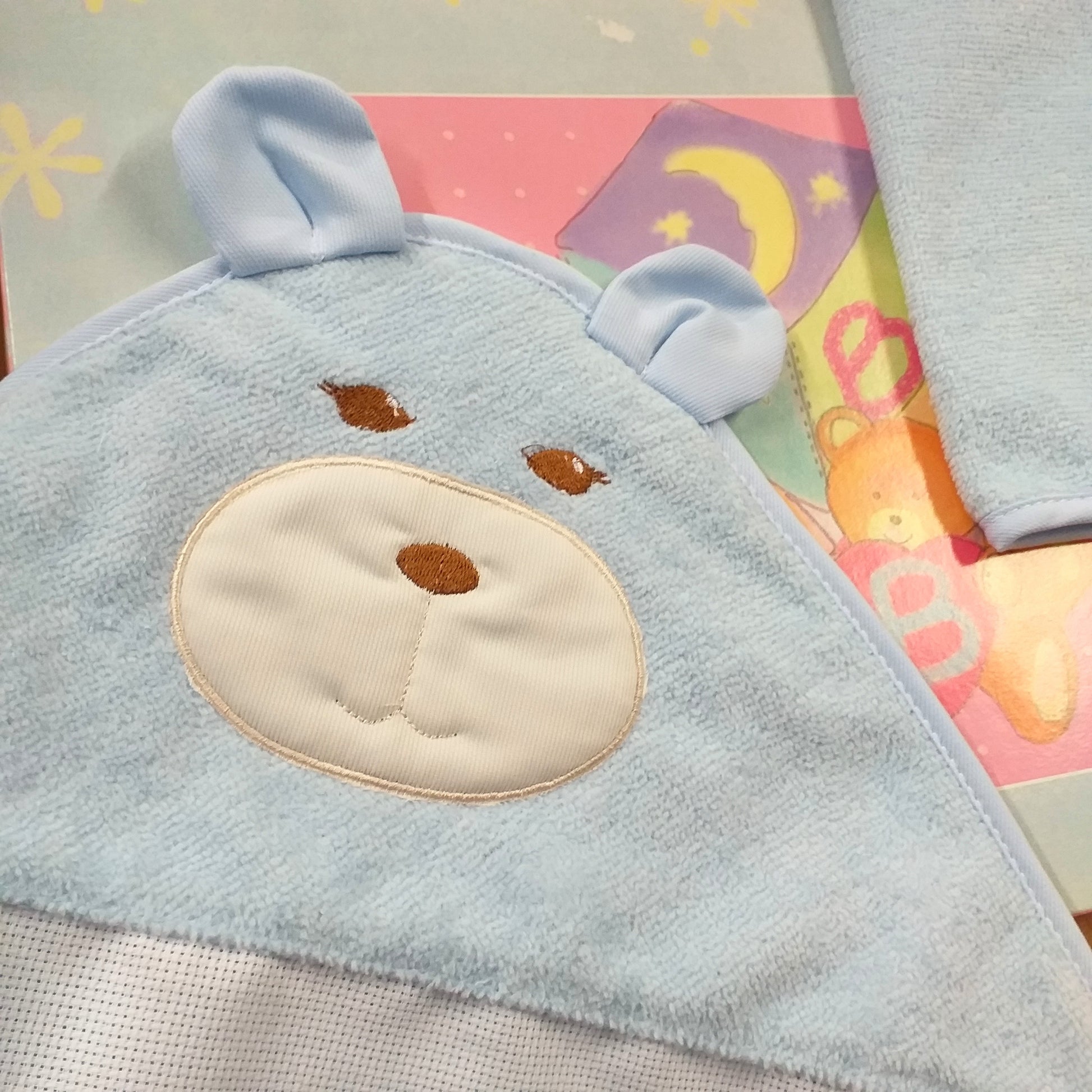 Accappatoio BabyCape mantellina spugna ciniglia per ricamo punto croce tela Aida bambini neonati bebè orsetto azzurro idea regalo