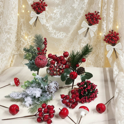 vetrinistica allestimento packaging bacche rosse mele piccole frutta finta verdura decorazioni Natale vetrine casa e fai da te addobbi bomboniere funghetti pick natalizi con pino abete verdi artificiali innevati