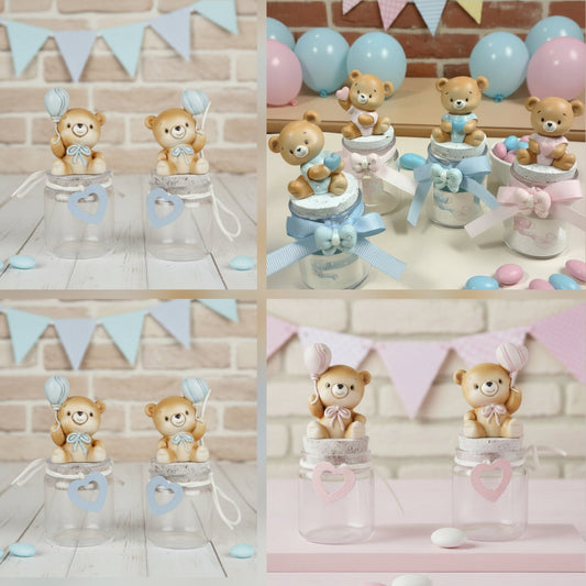 portaconfetti barattolini vasetti vetro con orsetto resina rosa orso azzurro per bambina femminuccia maschietto bambino uso bomboniere confettata battesimo babyshower compleanno nascita fai da te o confezionate