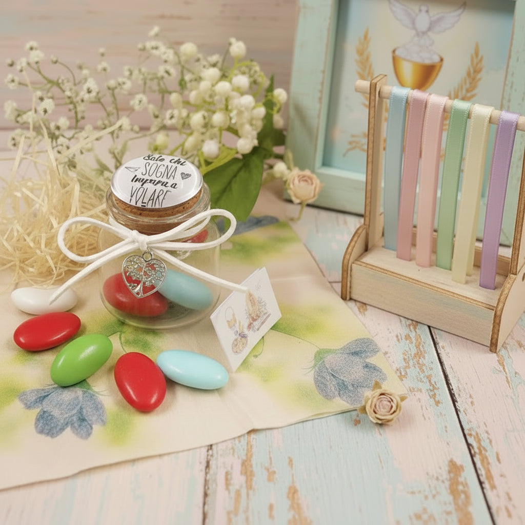 barattolino tappo bianco ceramica sughero vasetto vetro con scritta solo chi sogna impara a volare confezionato  bomboniera Comunione confetti bigliettino simboli Calice spighe uva o Cresima Mitria colomba