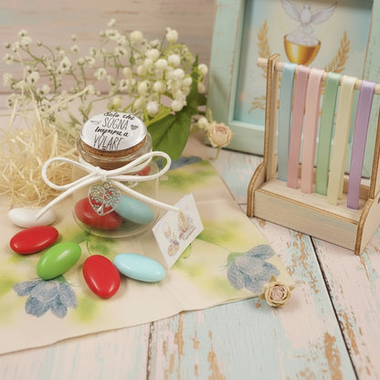 barattolino tappo bianco ceramica sughero vasetto vetro con scritta solo chi sogna impara a volare confezionato  bomboniera Comunione confetti bigliettino simboli Calice spighe uva o Cresima Mitria colomba
