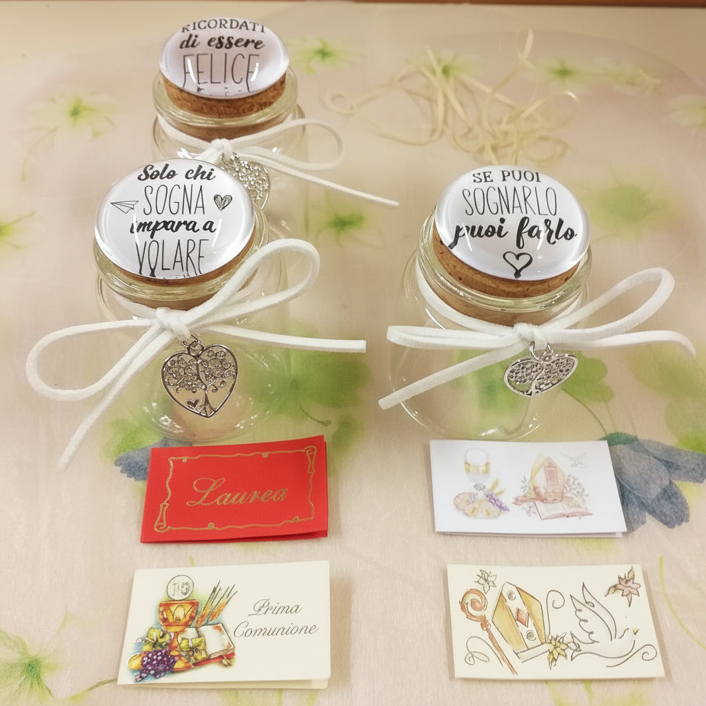 kit fai da te barattolino tappo bianco sughero vasetto vetro portaconfetti con frasi scritte da confezionare come bomboniera Comunione Cresima laurea matrimonio bigliettino