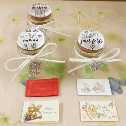 kit fai da te barattolino tappo bianco sughero vasetto vetro portaconfetti con frasi scritte da confezionare come bomboniera Comunione Cresima laurea matrimonio bigliettino
