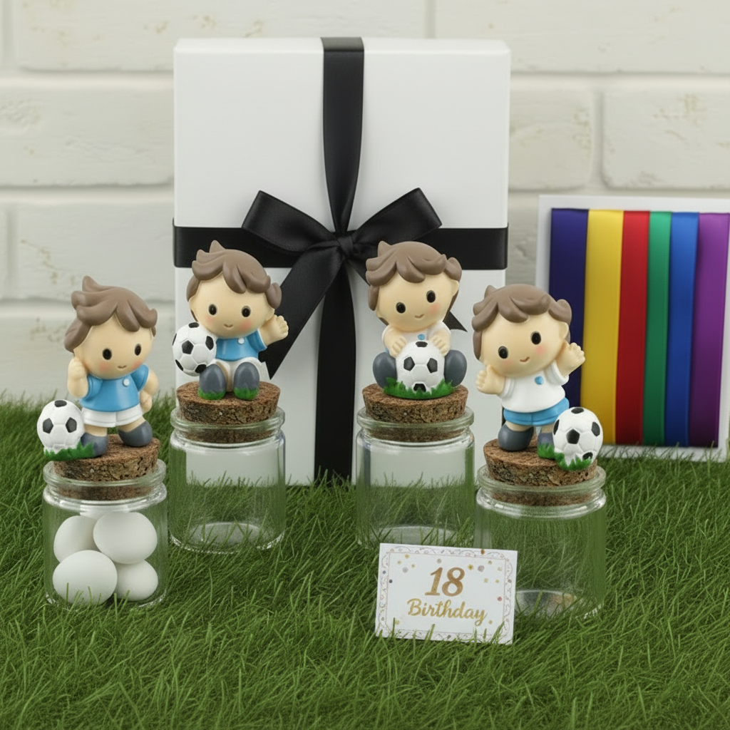 packaging scatola nastro nero per barattolini vasetti tappo sughero applicazione calcio calciatore con pallone statuetta maglia azzurra Italia da confezionare come bomboniera segnaposto portaconfetti con tulle e confetti bigliettino simboli 18° compleanno