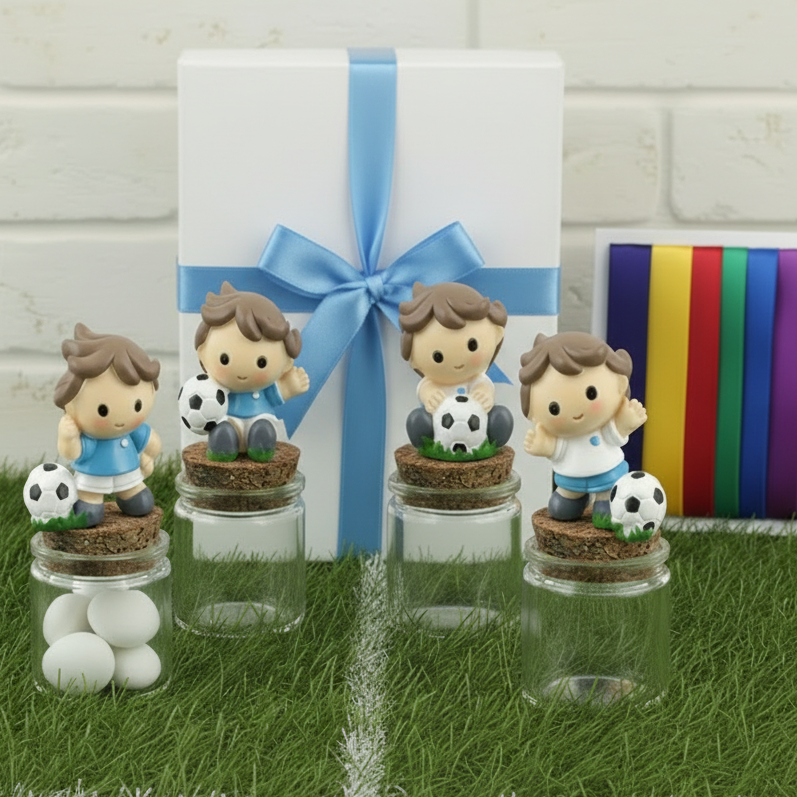 packaging scatola nastro azzurro celeste per barattolini vasetti tappo sughero applicazione calcio calciatore con pallone statuetta maglia azzurra Italia da confezionare come bomboniera segnaposto portaconfetti con tulle e confetti bigliettino simboli