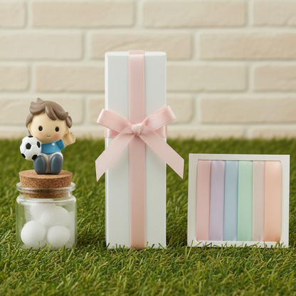 packaging scatola nastro rosa per barattolini vasetti tappo sughero applicazione calcio calciatore con pallone statuetta maglia azzurra Italia da confezionare come bomboniera segnaposto portaconfetti con tulle e confetti bigliettino simboli