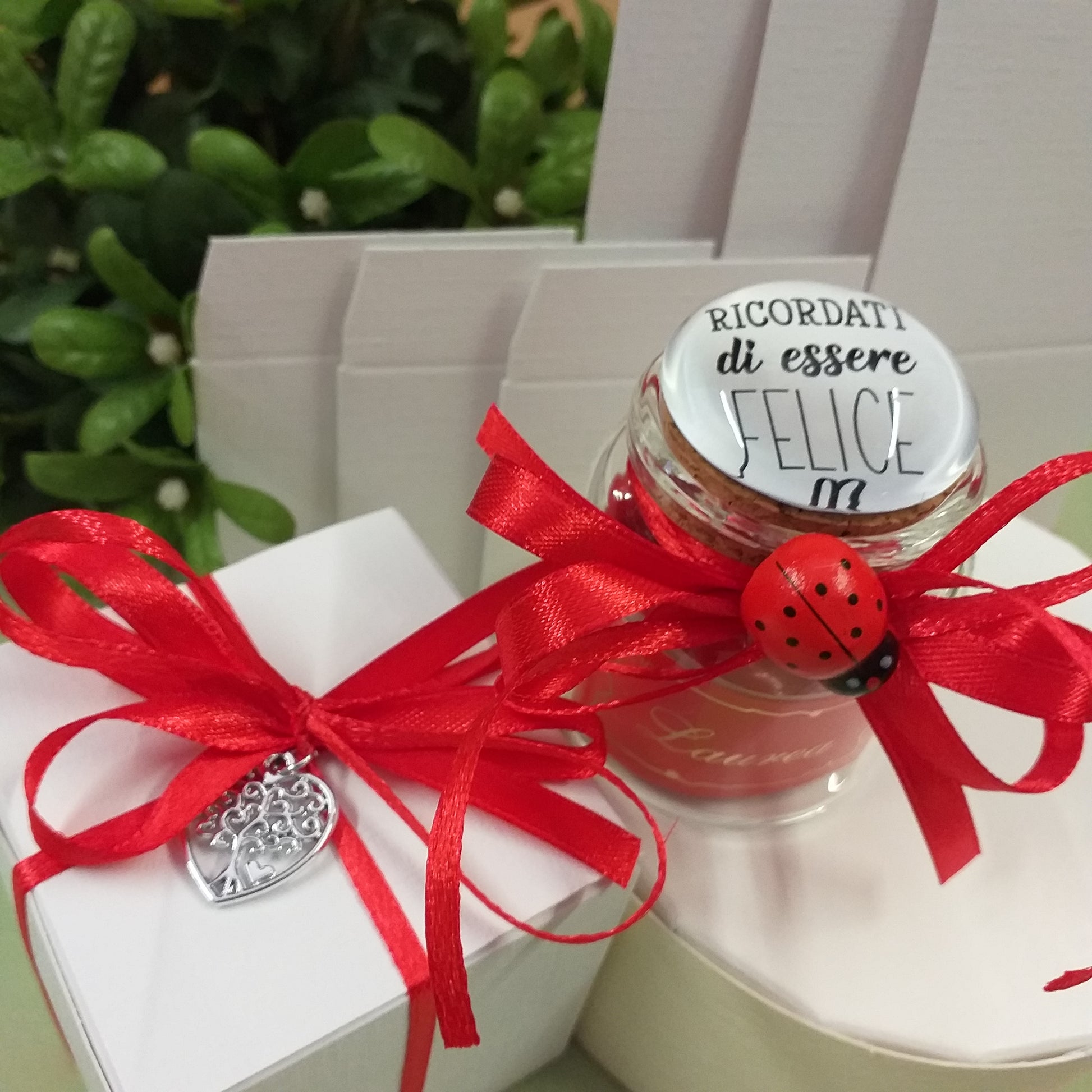 packaging scatolina ciondolo albero vita  barattolo laurea bomboniera portaconfetti italiani confezionato 5 confetti nastrino applicazione coccinella portafortuna bigliettino personalizzato su vasetto vetro sughero ceramica