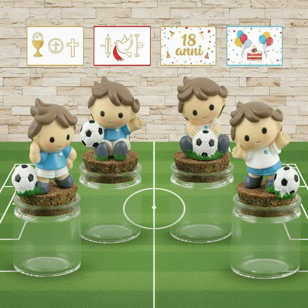 barattolini vasetti tappo sughero  applicazione calcio calciatore con pallone statuetta maglia azzurra Italia da confezionare come bomboniera segnaposto portaconfetti