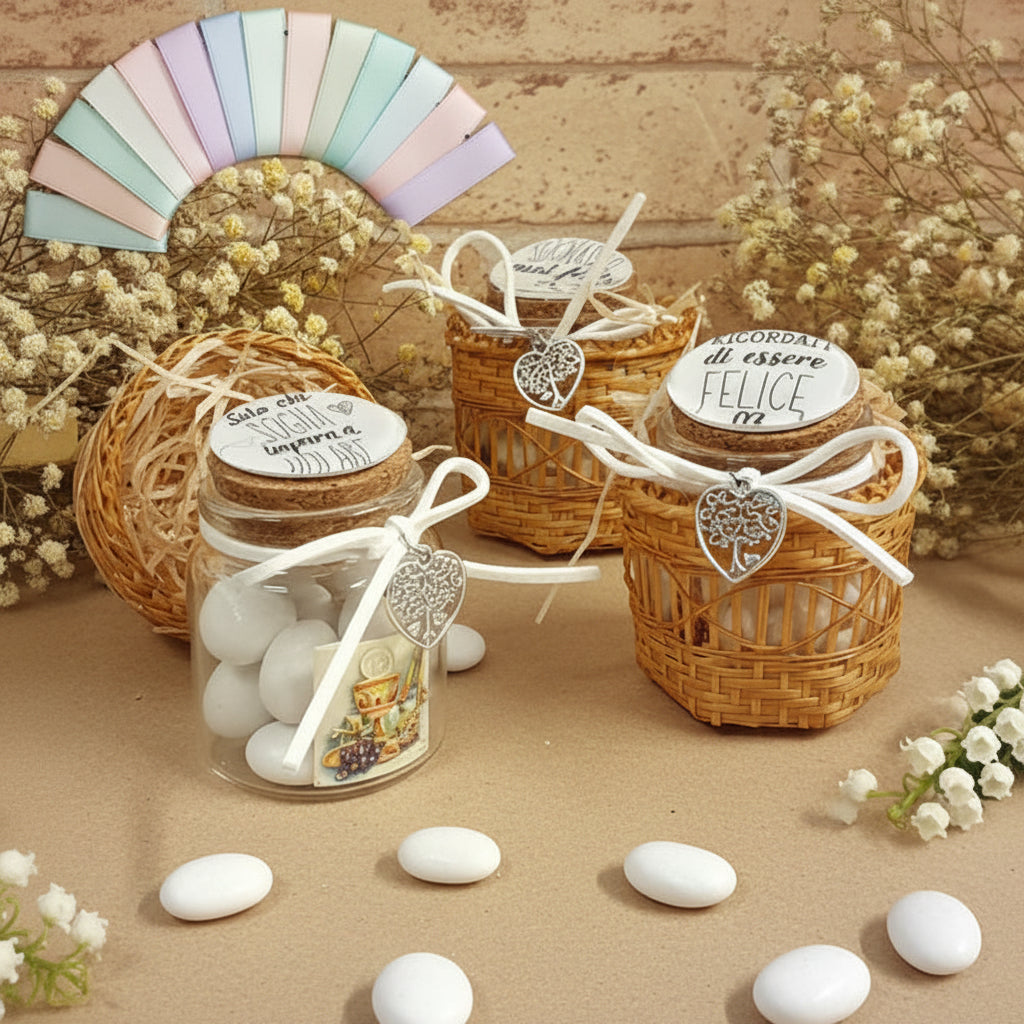 barattolino tappo bianco ceramica sughero vasetto vetro con scritta solo chi sogna impara a volare , ricordati di essere felice, confezionato bomboniera Comunione Cresima confetti cestino bigliettino simboli