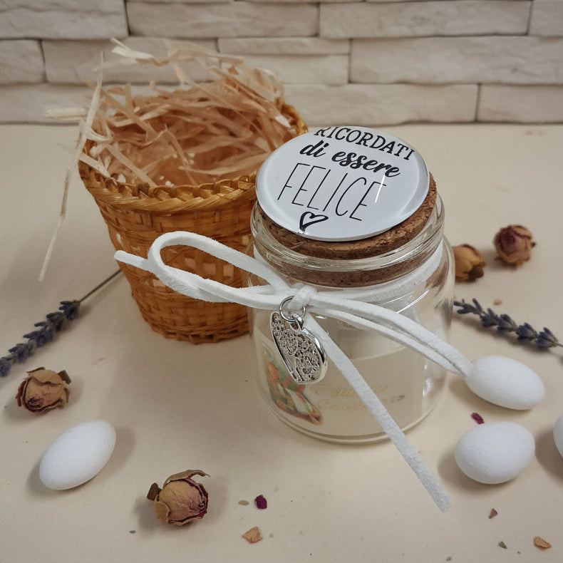 barattolino tappo bianco ceramica sughero vasetto vetro con scritta ricordati di essere felice, confezionato bomboniera Comunione Cresima confetti cestino bigliettino simboli, ciondolo cuoricino albero della vita