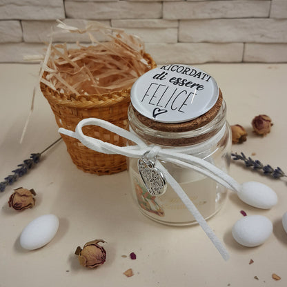barattolino tappo bianco ceramica sughero vasetto vetro con scritta ricordati di essere felice, confezionato bomboniera Comunione Cresima confetti cestino bigliettino simboli, ciondolo cuoricino albero della vita
