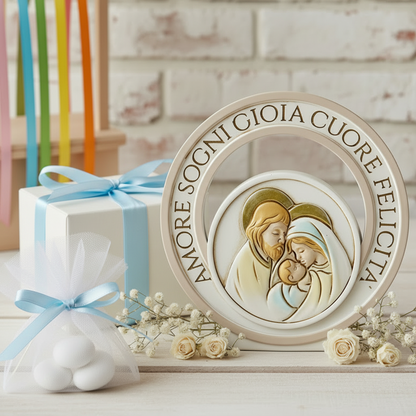 azzurro celeste maschietto packaging amore sogni gioia cuore felicità scritte icona sacra famiglia sacra religiosa bomboniere comunione cresima battesimo matrimonio forma globo confezione scatola nastro confetti scelta colori allestimento fiori secchi