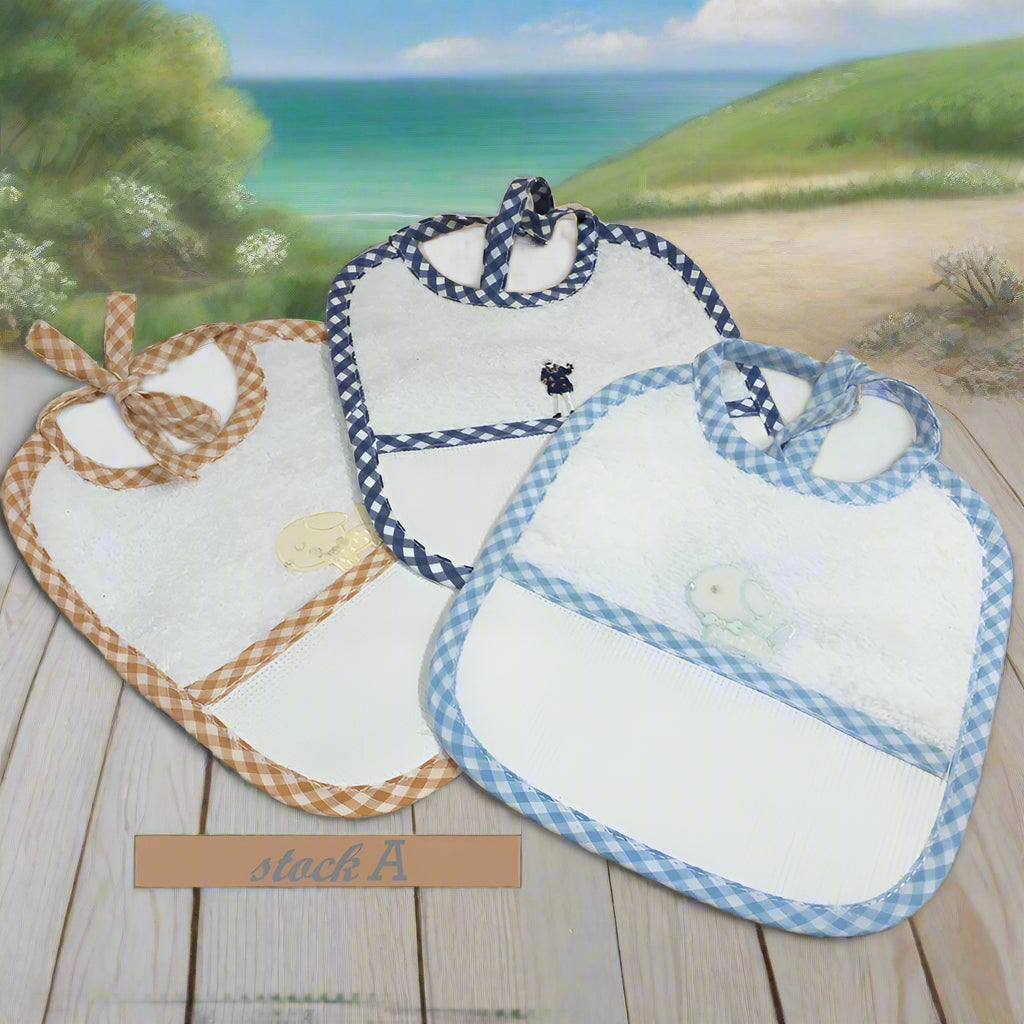 stock marrone celeste blu offerta vendita online bavaglini bambini neonati  bebè baby maschietto economici cotone spugna disegni bavette tela aida ricamo e punto croce da ricamare