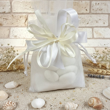 bianco e panna sacchettino confetti confezionato tulle e organza portaconfetti bomboniera ideale per matrimonio prima comunione cresima battesimo anniversario nozze