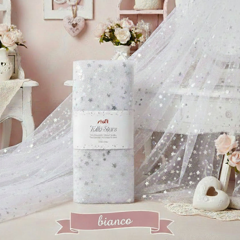 tulle stelline stafil ritagli bianco stars per rivestire allestimento vetrinistica san valentino casa negozio packaging 