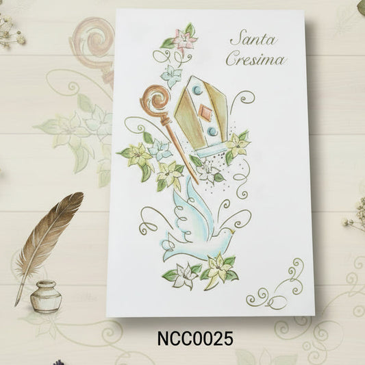 copertina con Mitria cappello del vescovo colomba gigli stampa scritta dorata simboli a colori biglietto invito partecipazione cartoncino per Santa Cresima da scrivere o stampare fai da te