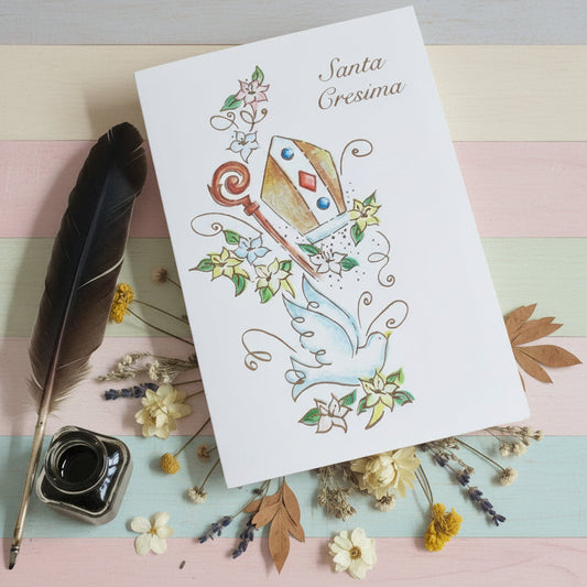 Mitria cappello del vescovo colomba gigli stampa scritta dorata simboli a colori biglietto invito partecipazione cartoncino a libro per Santa Cresima da scrivere o stampare fai da te