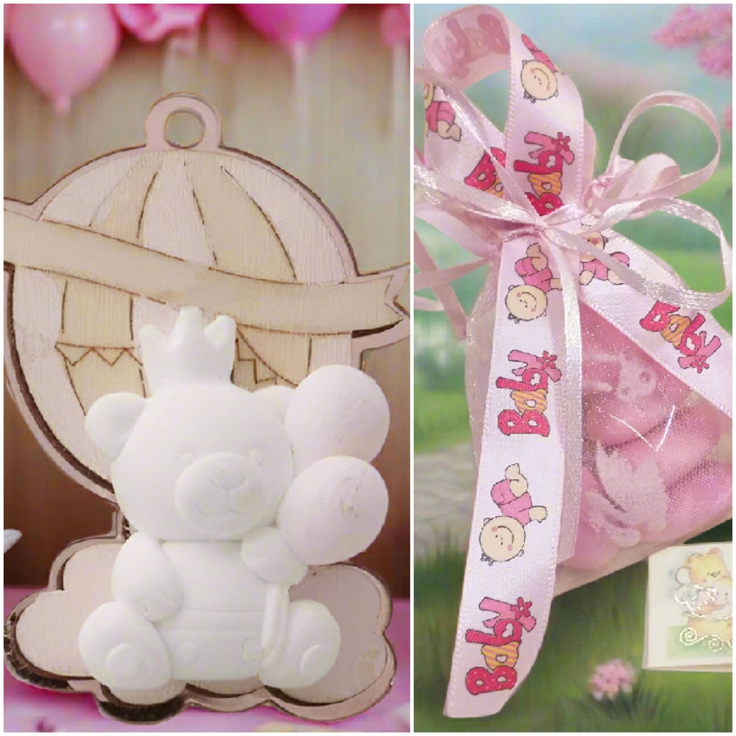 baby bebè rosa bimba femminuccia  legnetti applicazioni tema orso magnete calamita mongolfiera palloncini gessetti da confezionare bomboniere nascita Battesimo sacchettino portaconfetti bigliettino