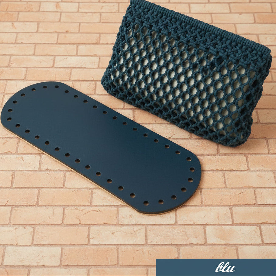 colore blu fondo base fond de poche ecopelle similpelle cuoio rigenerato ovale forato tecnica granny mattonelle crochet per borsa pochette uncinetto lycra pizza clutch bag a rete
