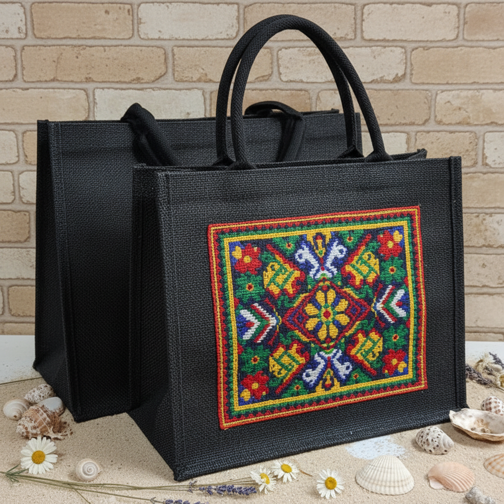 idea applicazione ricamo per rivestire personalizzare borsa juta colorata nera uso tote bag shopper estiva mare spiaggia piscina spesa
