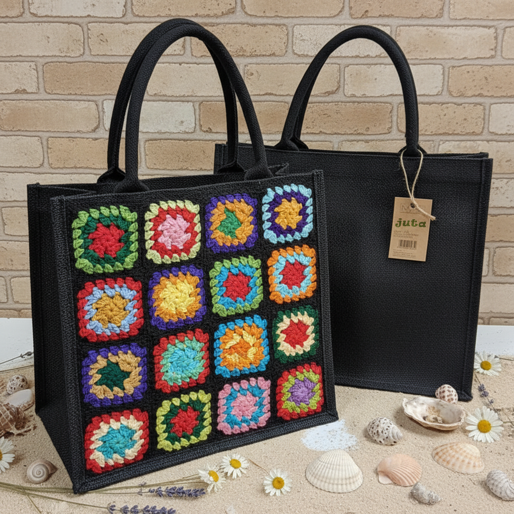 idea in vetrina rivestire borsa juta nera con mattonelle granny della nonna uncinetto di cotone colorato grosso uso shopper tote bag mare spiaggia spesa