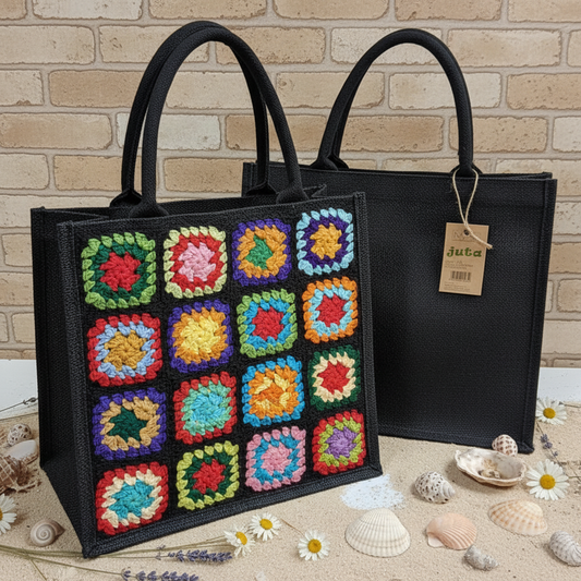 idea in vetrina rivestire borsa juta nera con mattonelle granny della nonna uncinetto di cotone colorato grosso uso shopper tote bag mare spiaggia spesa