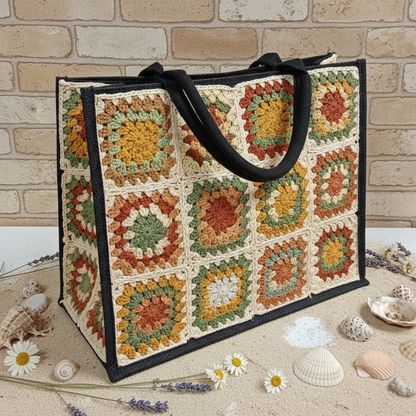 idea fai da te come rivestire borsa juta nera con mattonelle granny uncinetto di cotone grosso spesso colorato