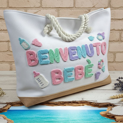 esempio applicazioni bebè tricotin per borsa donna da mare sacca tela bianca base juta naturale manici corda nautica uso borsone piscina estate spiaggia viaggio