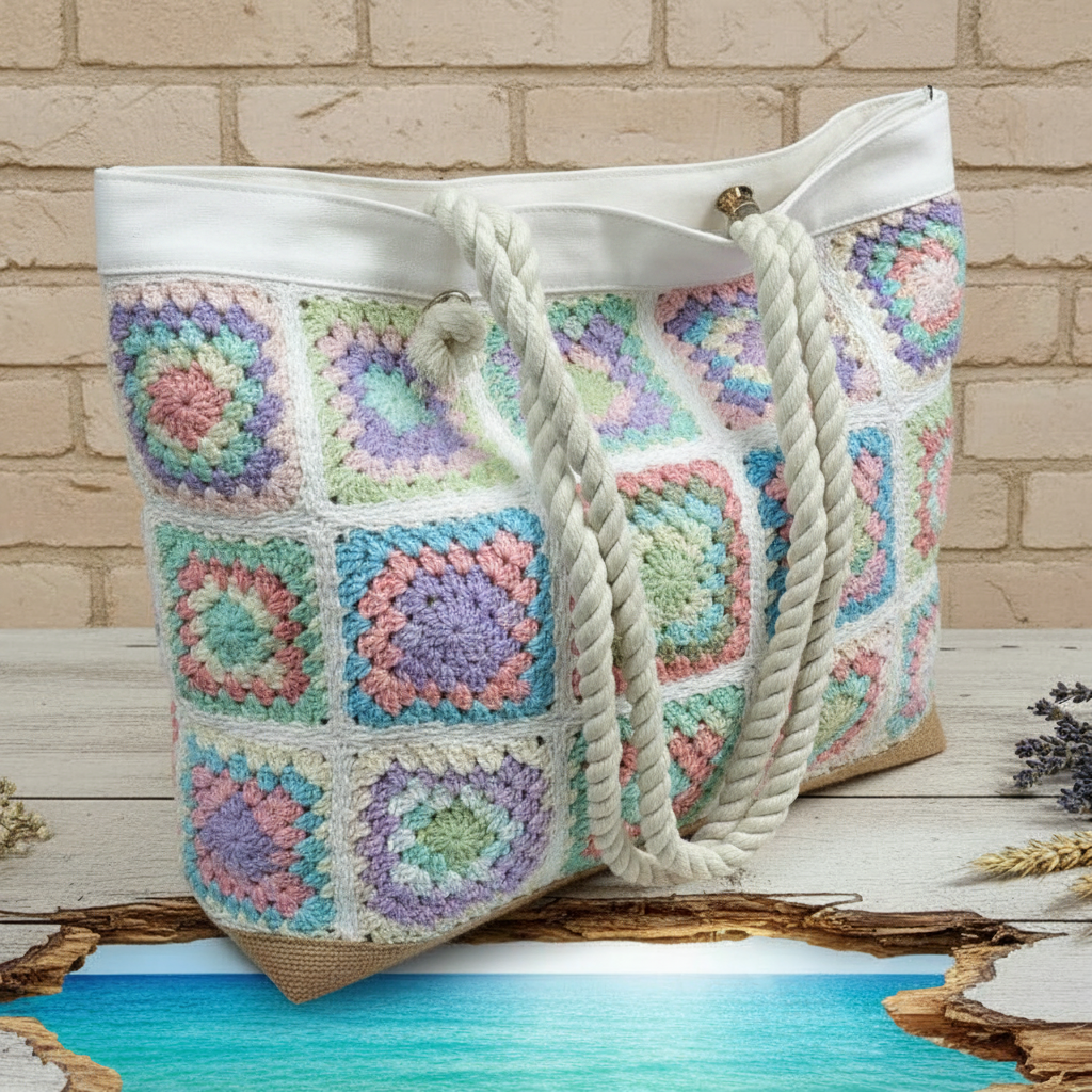 esempio applicazioni mattonelle crochet uncinetto granny per borsa donna da mare sacca tela bianca base juta naturale manici corda nautica uso borsone piscina estate spiaggia viaggio
