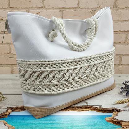 esempio applicazioni macramè corda per borsa donna da mare sacca tela bianca base juta naturale manici corda nautica uso borsone piscina estate spiaggia viaggio