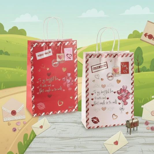 sacchetto busta medio sportina shopper borsa regalo love mail cuori scritta inglese per San Valentino confezionamento packaging borsina manici corda rossa fondo bianco o viceversa