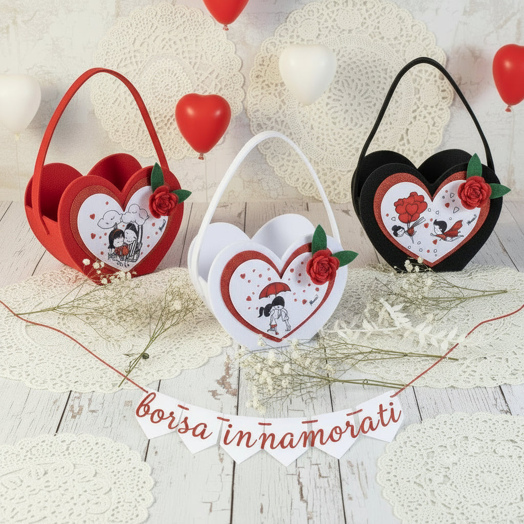 contenitore borsetta cestino scatola di feltro a borsa con manico tracolla innamorati e rosa san valentino cuori packaging enogastronomia pasticceria vetrinistica confezioni regalo bianco rosso nero di dolciumi caramelle cioccolatini  portadolci