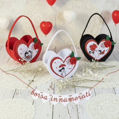 contenitore borsetta cestino scatola di feltro a borsa con manico tracolla innamorati e rosa san valentino cuori packaging enogastronomia pasticceria vetrinistica confezioni regalo bianco rosso nero di dolciumi caramelle cioccolatini  portadolci