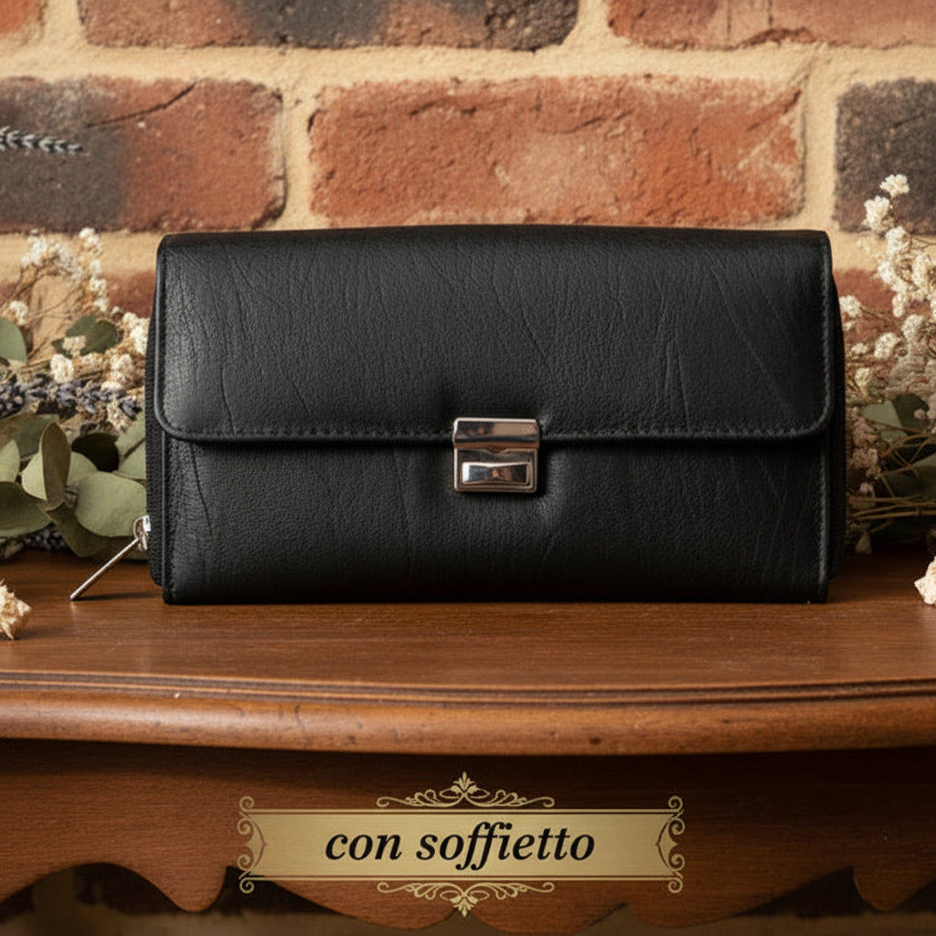 con soffietto borsellino chiuso ripreso dal davanti di portafoglio donna economico scomparti ecopelle nero catenella uso simil-pochette borsa mini