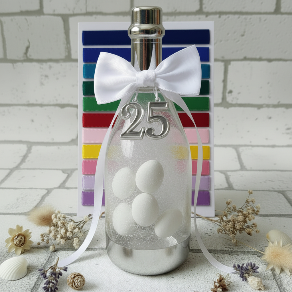 simbolo 25 bottiglie plastica tappo argento fiocco nastro bomboniere anniversario matrimonio venticinquesimo 25 anni nozze confezionate confetti tulle allestimento fiori secchi