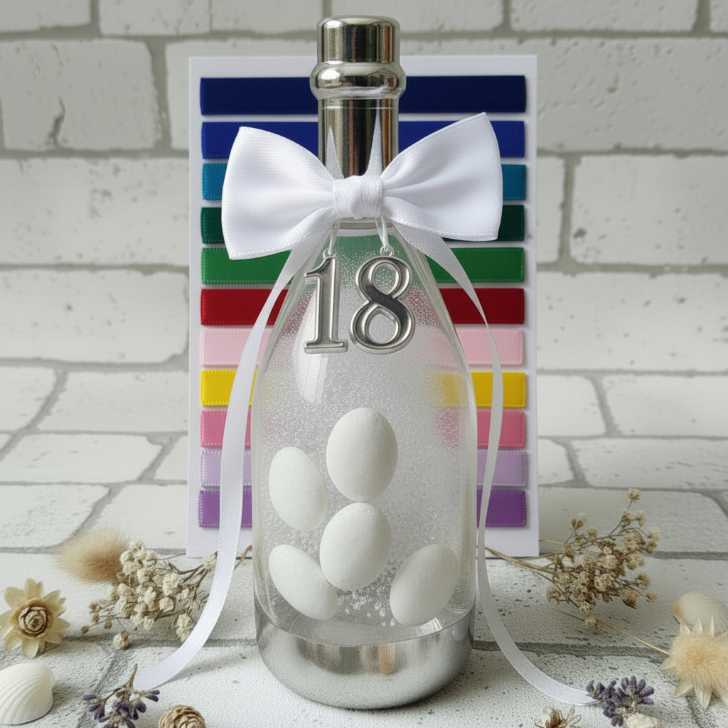 simbolo 18 bottiglie plastica tappo argento fiocco nastro bomboniere diciottesimo compleanno confezionate confetti tulle allestimento fiori secchi
