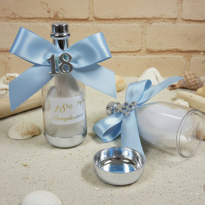 idee particolari bomboniere 18 anni diciottesimo compleanno maschio ragazzo bottiglia portaconfetti confezionata fiocco azzurro argento sigillo numero 18 confetti bianchi mandorla tulle bigliettino personalizzato